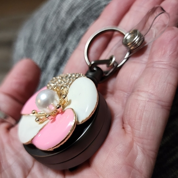 NEW Flower Pink White Enamel Rhinestone Badge Name Tag ID Clip Nurse Medical Job - Picture 5 of 11